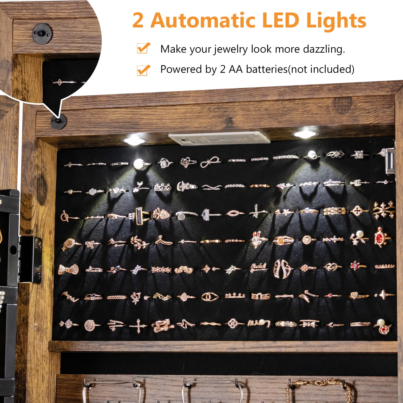 Patiojoy Lockable Wall Door Mounted Storage Organizer Mirrored Jewelry Cabinet w/ Lights Rustic Brown