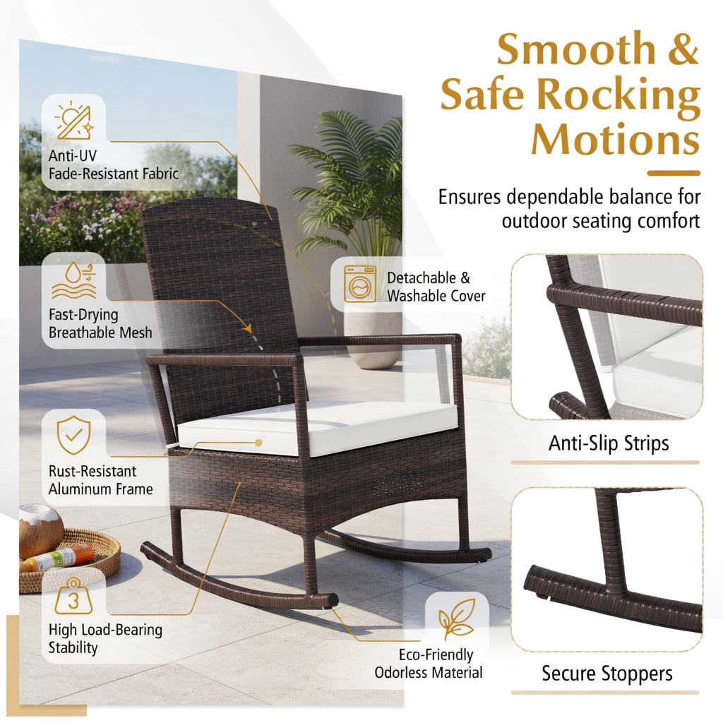 Hommoo 3-Piece Outdoor Patio Rocking Set, Wicker Rocking Chairs with Double-Tier Tempered Glass Coffee Table, PE Rattan, Includes Cushions & Easy Assembly, White