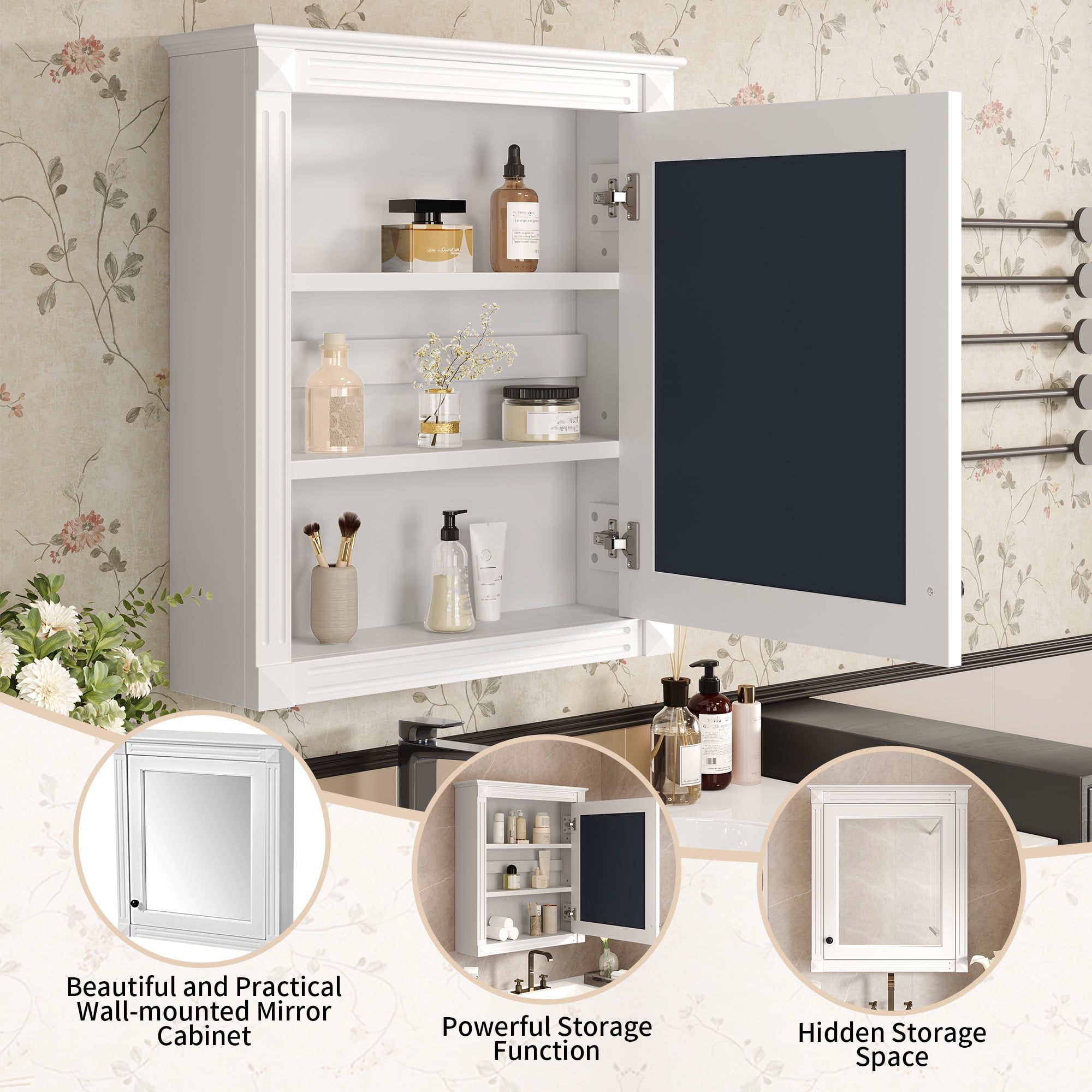 Euroco 24'' x 27'' Wall Mounted Bathroom Storage Cabinet with Mirror, Medicine Cabinet with Height Adjustable Shelf, Over the Toilet Space Saver Cabinet