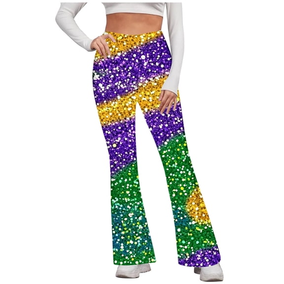 Cutuoiiu Mardi Gras Stripe Print Women's High Waisted Flared Pants Hip Shaping Tummy Control Stretchy Long Pants for Casual Celebrations Gifts