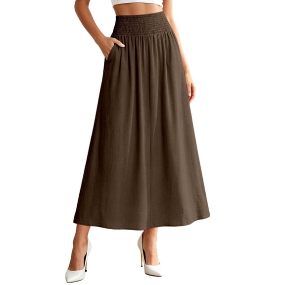 Jane Wardrobe Smocked Elastic High Waist Linen Blend Flow Midi Skirt Women Side Pocket Solid Casual Long Skirt 1PC S-XXL Plus Size Friendly