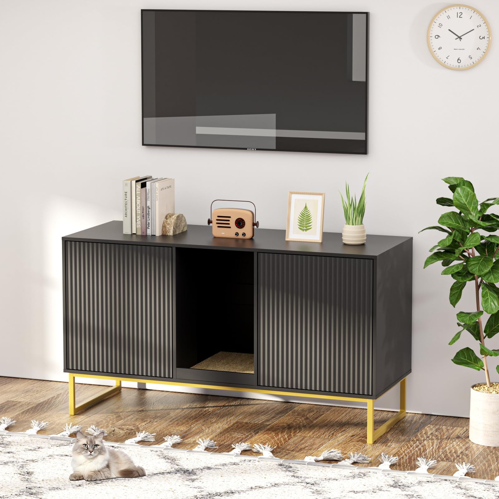 VEANERWOOD Cat Litter Box Enclosure with Hidden Entry and Two Cabinet Doors, Multi-Functional Cat Washroom