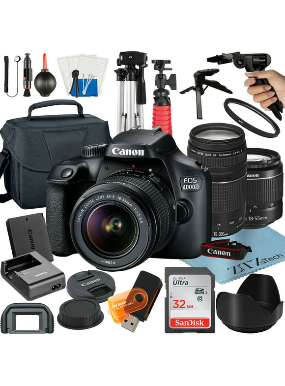Canon EOS Rebel T100 / 4000D DSLR Camera Bundle with 18-55mm + 75-300mm Lens + 32GB SanDisk Card + Case + Tripod + ZeeTech Accessory