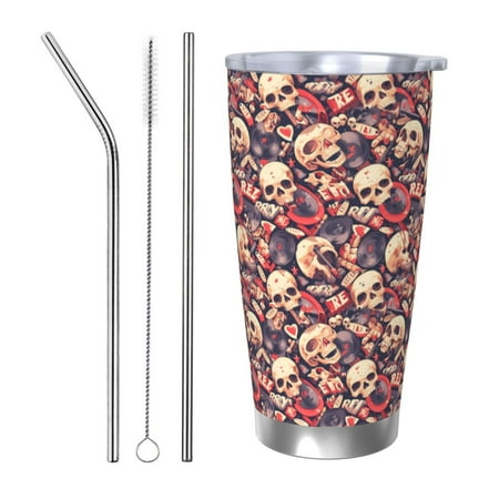 

Vsdgher Skull rock record artist 20 Oz Stainless Steel Vacuum Insulated Travel Mug Coffee Cup for Home Office Outdoor Works Great for Ice Drinks and Hot Beverage -Straw Three-piece Set