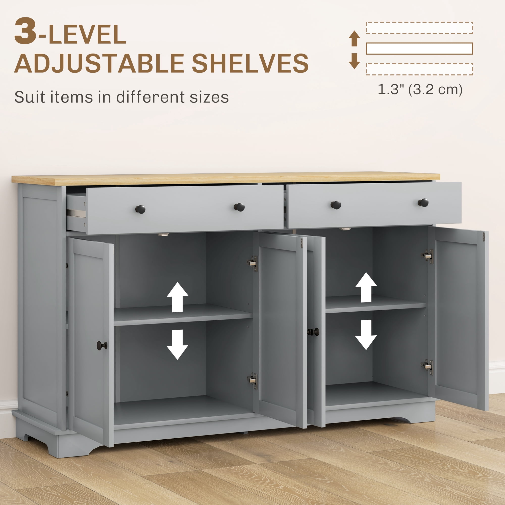 HOQBN Modern Sideboard, Buffet Cabinet with Storage Drawers, Adjustable Shelves for Living Room, Dining Room, Entryway, Gray