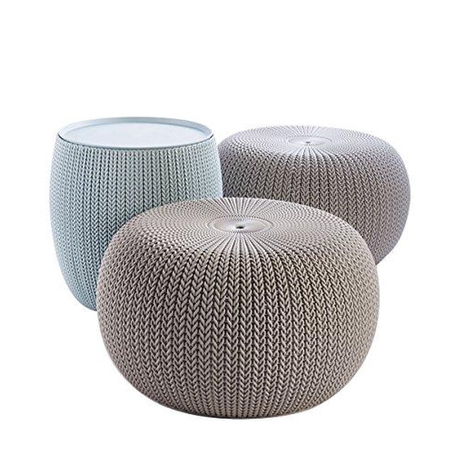 Keter Ensemble de Mobilier Urbain en Tricot Douillet 3 Pcs, Table Compacte Intérieure/extérieure et 2 Poufs