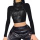 thumbnail image 1 of Camisetas De Mujer Y2K Street Motorcycle Style Cuero Malla Costura Medio cuello alto Mangas largas Ygjytge para Mujer Negro T L, 1 of 9