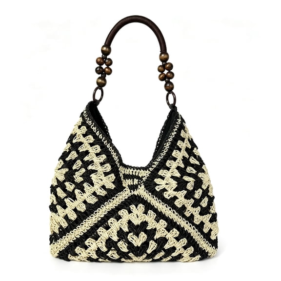 Boho Woven Crochet Bag, Summer Beach Tote, Lightweight Portable Shoulder Purse, Fashion Casual Handle Bag for Travel Vacation Daily Outdoor Shopping(Black)