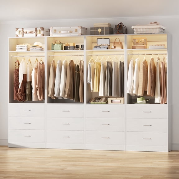 Homieasy 8FT (96 Inch) Closet Organizer System,Set of 4 - 12 Wood Drawers, 4 Hanging Rods & 4 Shelves, Heavy Duty Walk-in Closet Storage, White