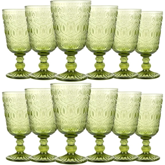 Wine Glasses Set of 12 Vintage Goblet 9 oz Vintage Colored Glass Goblet Beverage Stemmed Glass Cups Romantic Embossed Glassware for Wedding Party Holidays Anniversary (Green)