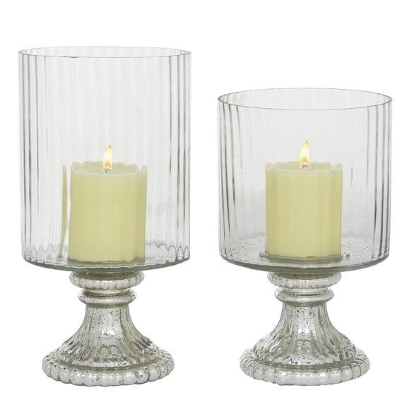 DecMode 2-Slot Silver Glass Hurricane Lamp, Set of 2