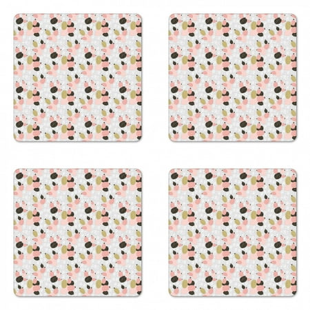 

Minimalist Coaster Set of 4 Doodle Ovals and Cactus Hipster New Age Style Art Pattern Square Hardboard Gloss Coasters Standard Size Pale Grey Coral Rose by Ambesonne
