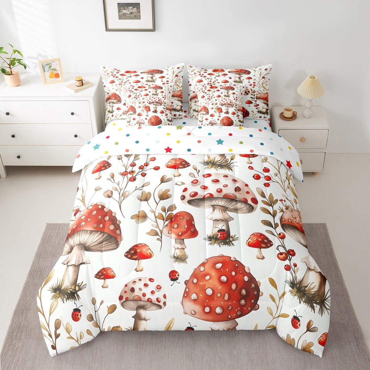 jejeloiu Red Mushroom House Bedding Comforter Set 7pcs,Rustic Farmhouse Cabin Queen Bedding Sets,Spring Garden Queen Sheet Sets,Microfiber Bedroom Decor Reversible