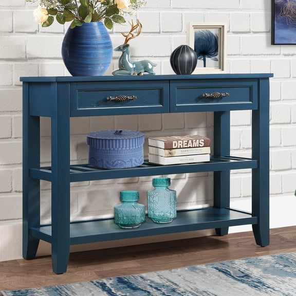 42 Inch Mid Century Solid Wood Console Table, Sofa Table with 2 Storage Drawers and 2 Tier Open Shelves, Buffet Sideboard Entryway Table for Living Room Kitchen Dining Room Hallway, Navy Blue