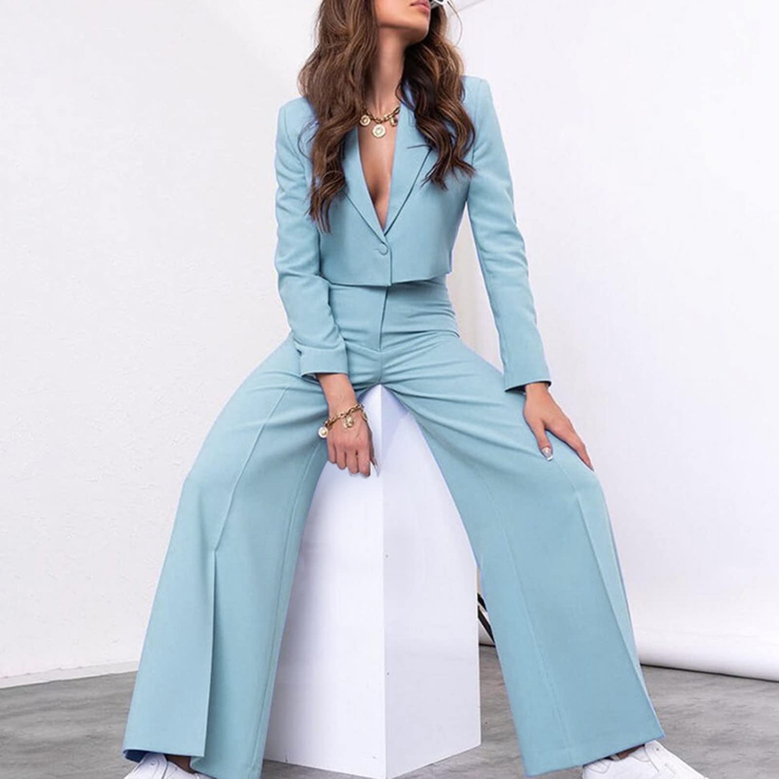 Savings Clearance 2024! Funicet Pants Suits for Women Dressy 2 Piece Casual  Plus Size Open Front Blazer Pant Suit Set Wedding Prom Work Business Suit  Sky Blue S 
