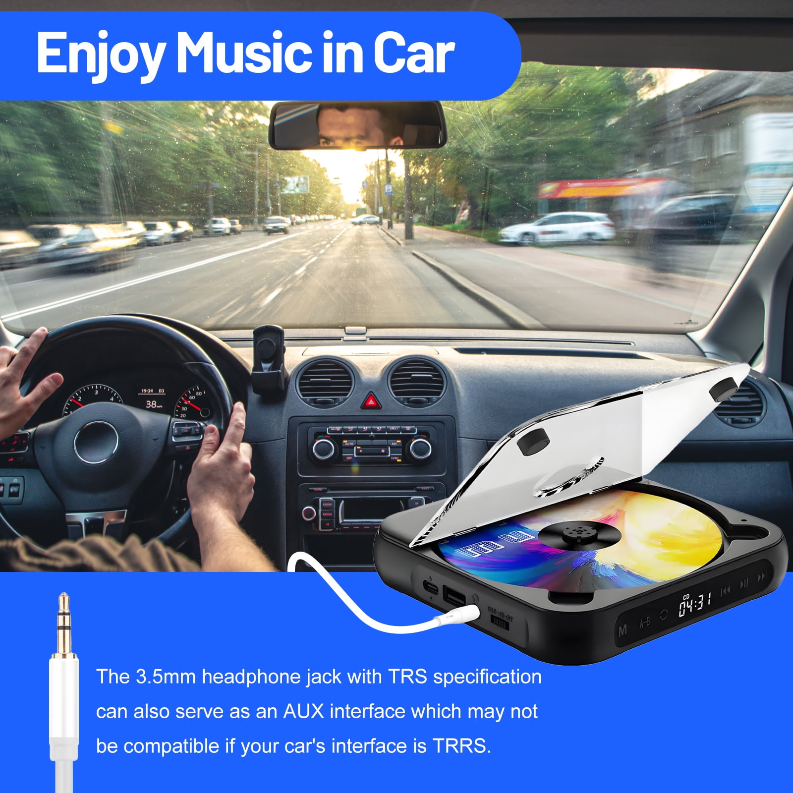 Nidmaw Bluetooth CD Player with Headphones, Rechargeable Mini CD Player for Car Travel