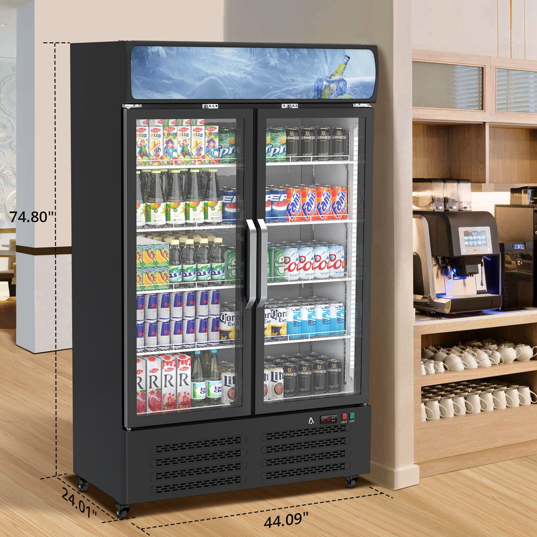 Adoolla 25 Cu.Ft. Double Glass Door Commercial Upright Merchandiser Display Refrigerator with Adjustable Shelves & Lightbox