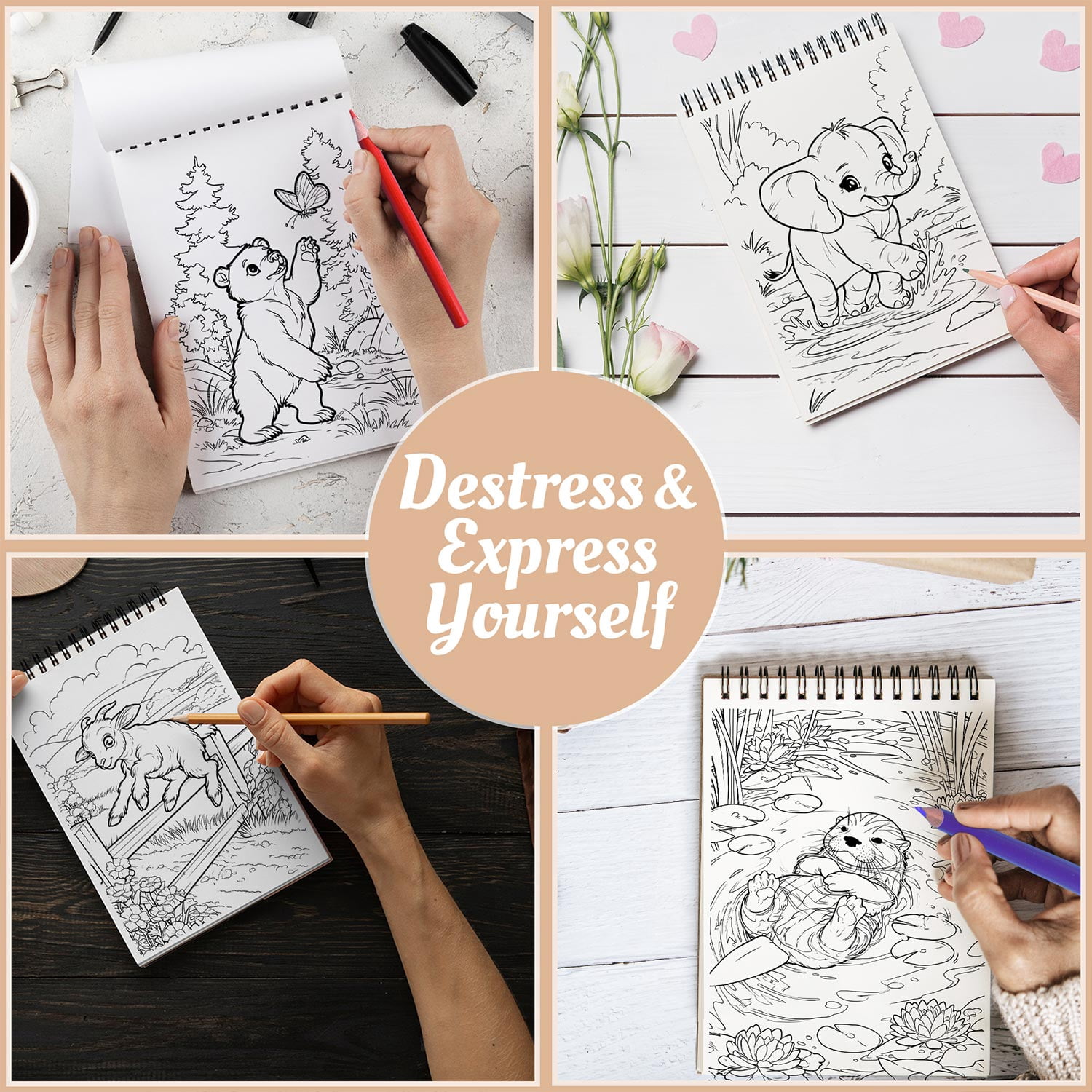 Netecom Baby Animals Coloring Book Spiral Bound for Adults, A5 Wooden Cover, 30 Adorable Coloring Pages of Little Animals for Stress Relief and Relaxation