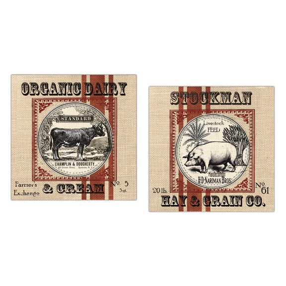 Red and Beige Country Rustic Cow and Pig Adult Kitchen Decor: 2- 12" x 12" Paper Posters (Printed on Paper, Not Burlap)