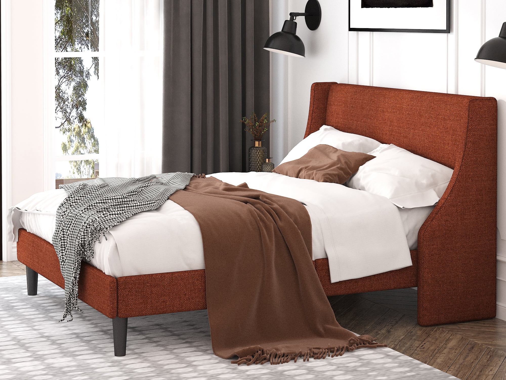 Einfach Queen Size Platform Bed Frame with Fabric Upholstered Wingback Headboard, Burnt Orange