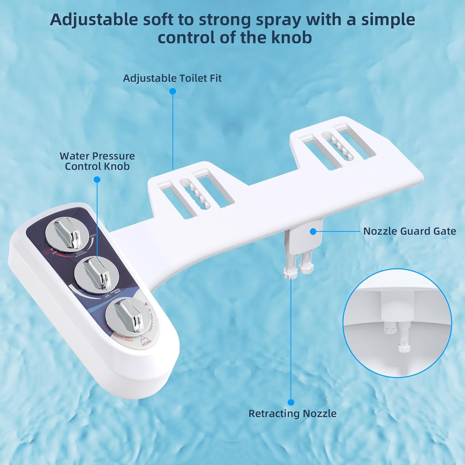 Bidet Attachment for Toilet with Self Cleaning Dual Nozzle, Hot and Cold Water  Non- Mechanical Toilet Seat Bidet for Rear or Female Washing Sanitizing, Blue