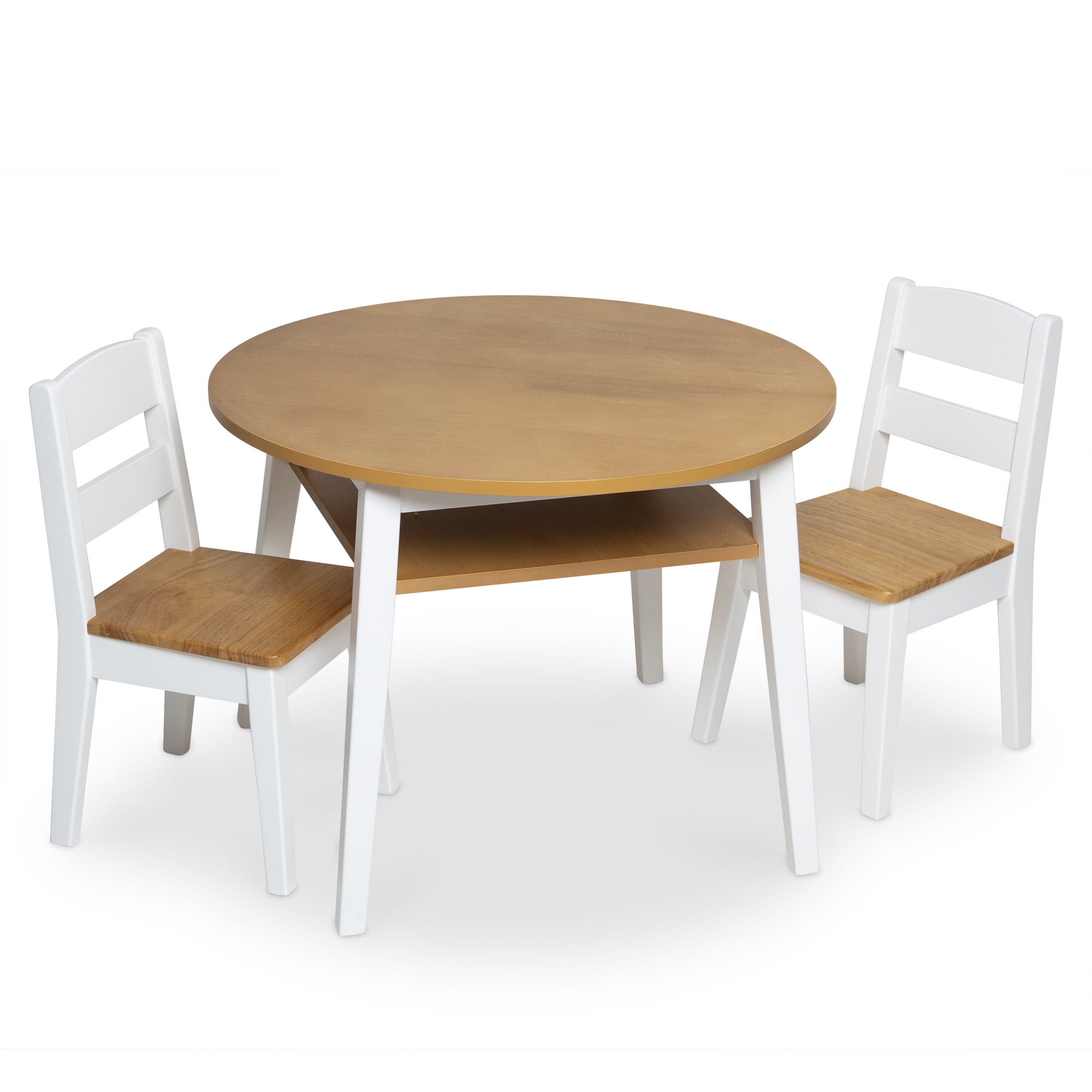KIDKRAFT 3 PIECE ROUND TABLE AND 2 CHAIR SET CENTER MESH STORAGE NATURAL & WHITE 