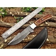 thumbnail image 3 of 11" Long hand forged Damascus steel full tang blade skinning Knife, 2 tone brown Dollar wood with Brass bolster scale, Cow Leather sheath, 3 of 7
