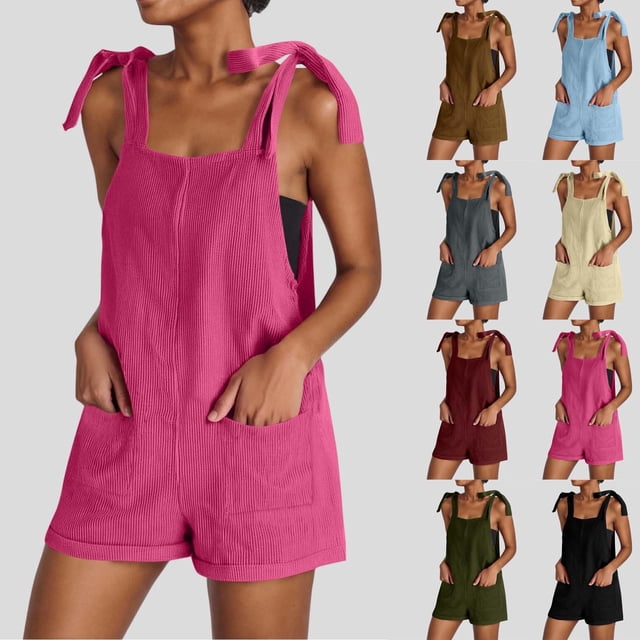 Women Corduroy Overalls Short Jumpsuits Adjustable Straps with Double Pocket Sleeveless Rompers Black