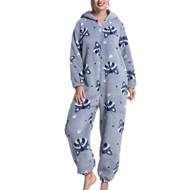 Pijamas de una pieza para mujer, mono de pijama de forro polar borroso suave y cálido con estampado de dibujos animados bonitos a la moda para el hogar