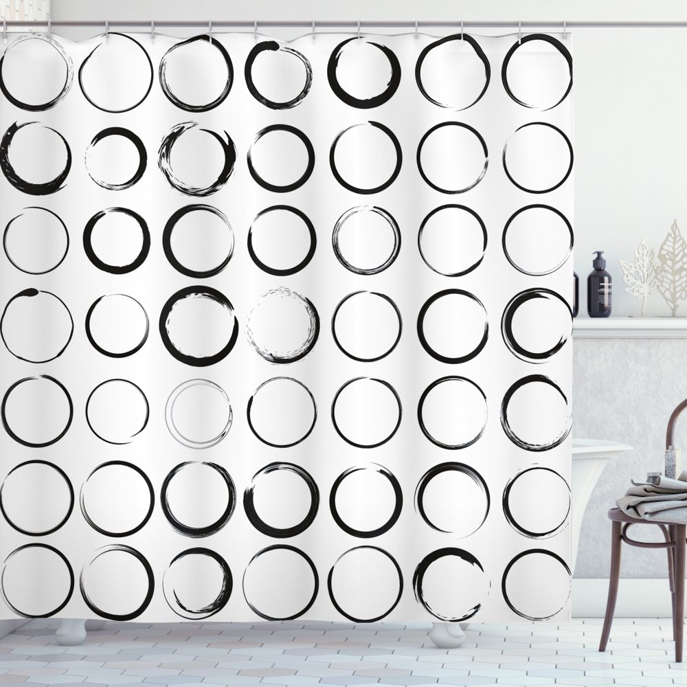 Black and White Shower Curtain, Circles with Brush Stroke Effects