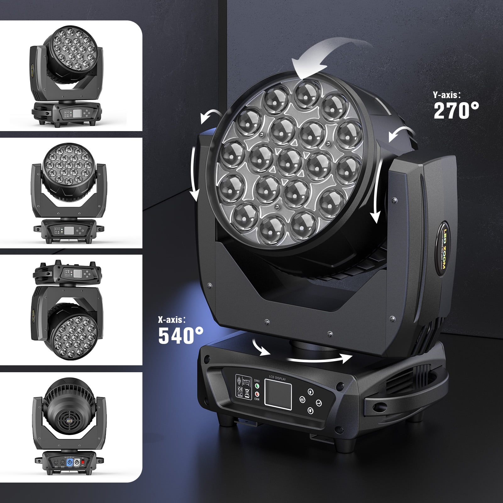 Moving Head Light LED 19x10W RGBW 4in1 Beam/Wash/Zoom Effect Stage Lights DMX512 Sound Activated DJ Lights for Party Wedding Disco
