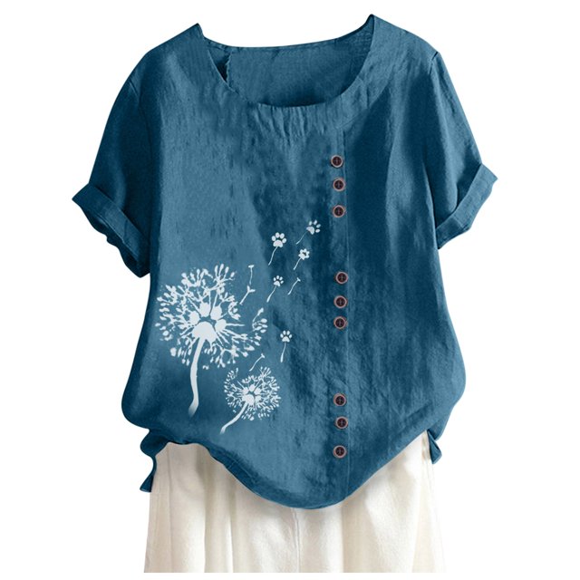 Babysbule Womens Summer Tops Clearance Womens Casual Loose Button Linen Plus Size Print Boho Tanic Shirt Blouse Tops