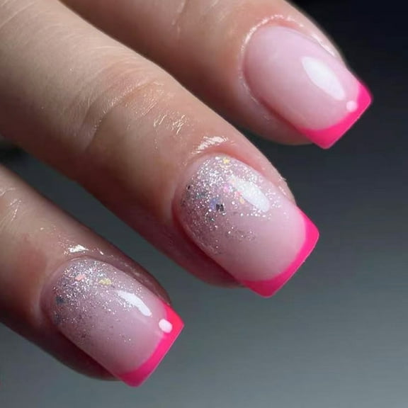 Square Fake Nails Acrylic Press on Nails Glitters False Nails with Designs Rose Full Covers French Tip Glues on Nails