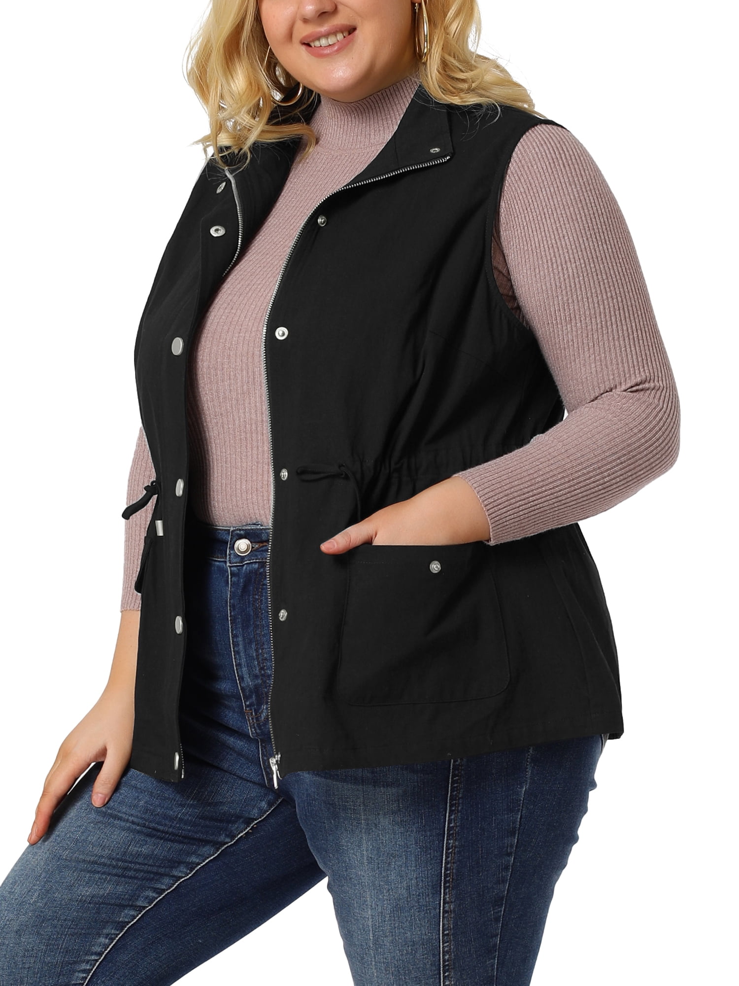 DARING DIVA Women's Plus Size Lightweight Sleeveless Anorak Cargo Vest 2X Black