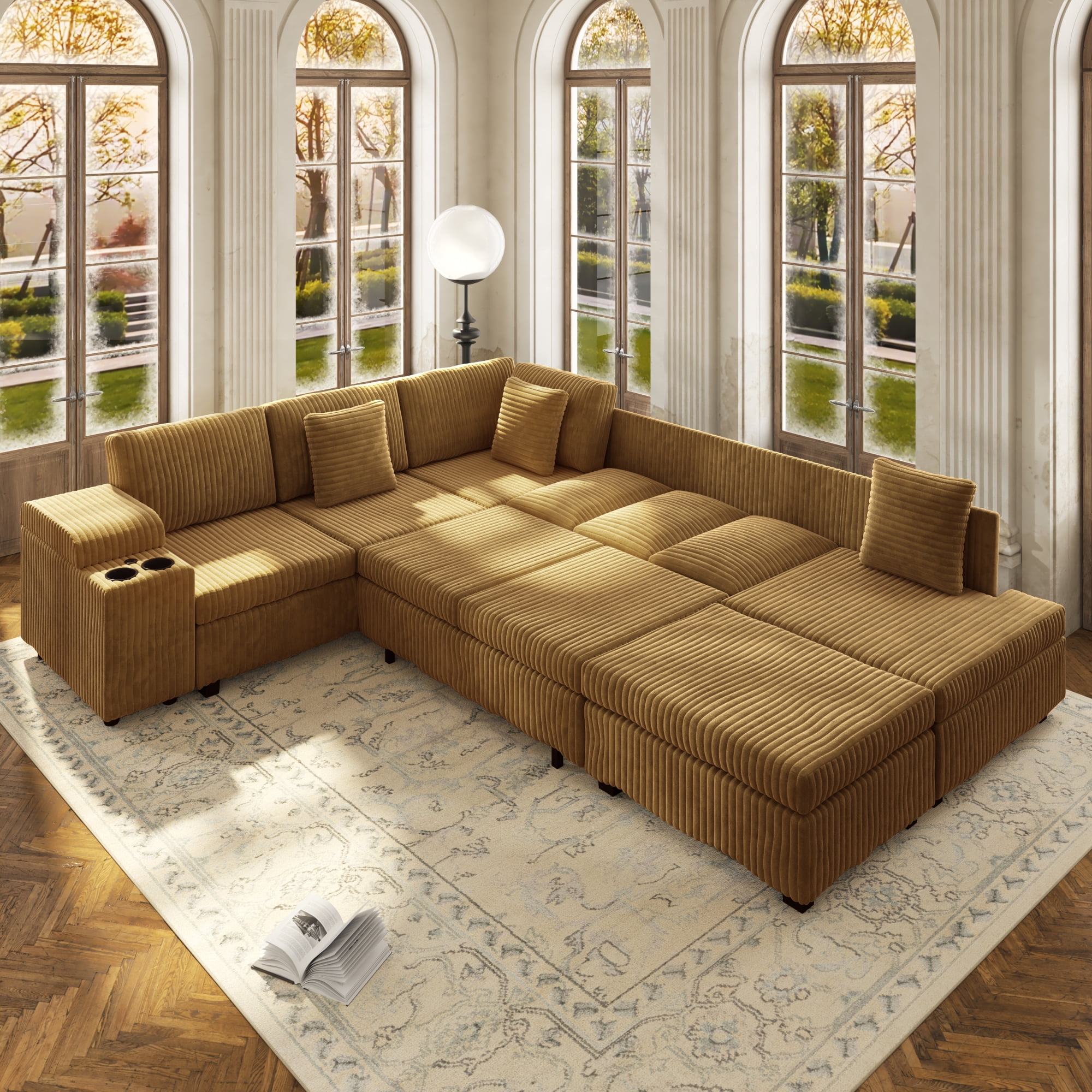 110.2" L-Shaped Sectional Sofa with Removable Ottoman, Covertible Sleeper Sofa with Hidden Armrest Storage, USB Ports & Cup Holders, Plush Corduroy Convertible Couch for Living Room, Apartment