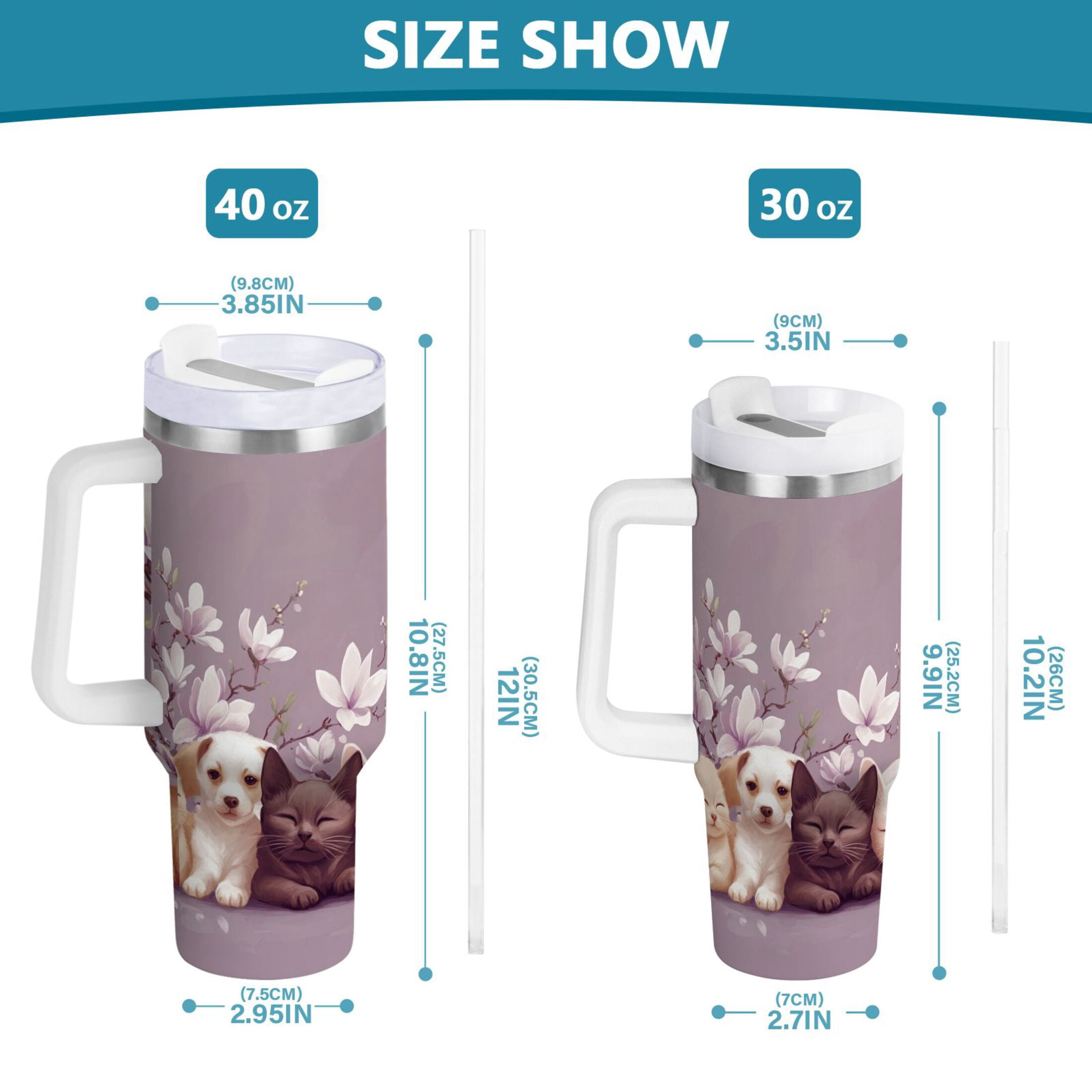 YAZAOO Tumbler 40oz Insulated Stainless Creative Kittens and Puppies with Flowers Pattern Steel Water Bottles