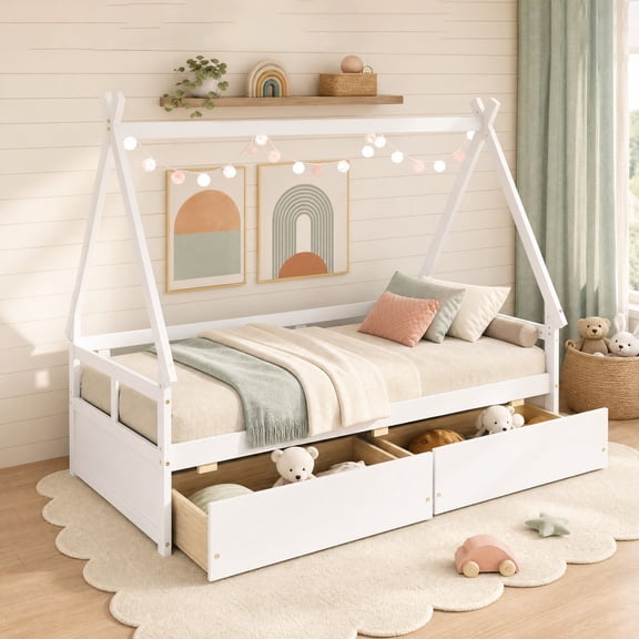 ELLEGNT Twin House Bed Frame with 2 Storage Drawers Wood Slats Guardrail White