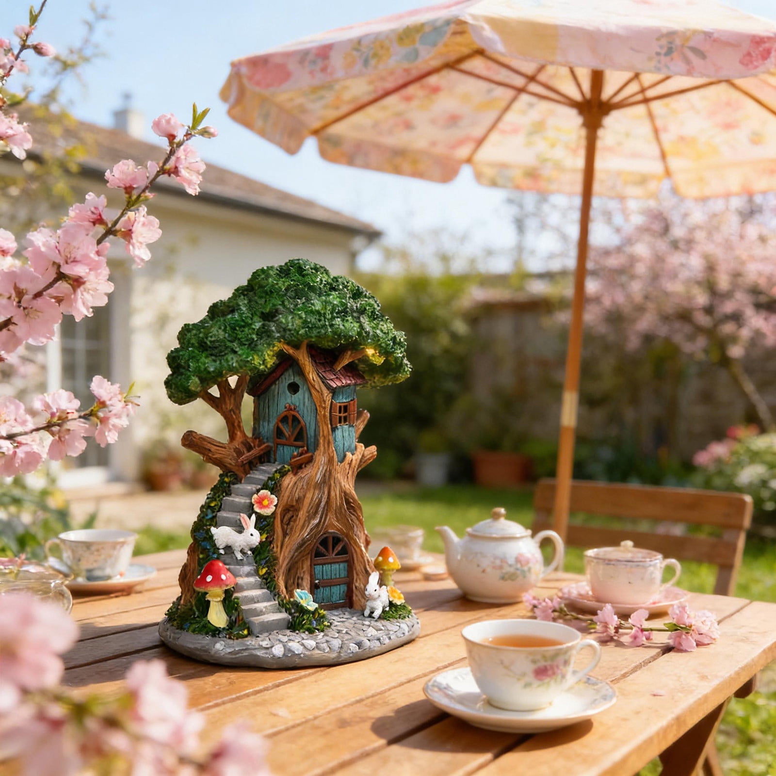 Ke1Clo Solar Tree House Garden Statue, Whimsical LED Outdoor Decor Garden Ornament, Resin Yard Art Sculpture for Patio Lawn Landscaping