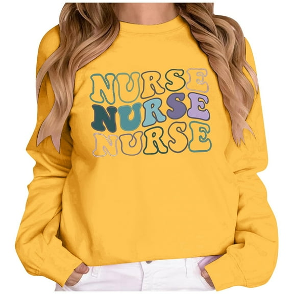 IWRICH Women's Nurse Sweatshirt Registered Nurse Pullover Shirts Nurse Life Letter Print Shirt Nursing School Long Sleeve Tees Yellow XL