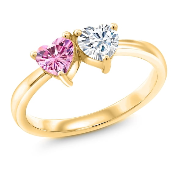 Gem Stone King 18K Yellow Gold Plated Silver Ring Set with Heart Shape Pink Moissanite and Moissanite Near Colorless (GH, Size 9) (1.00 Cttw, Size 9)
