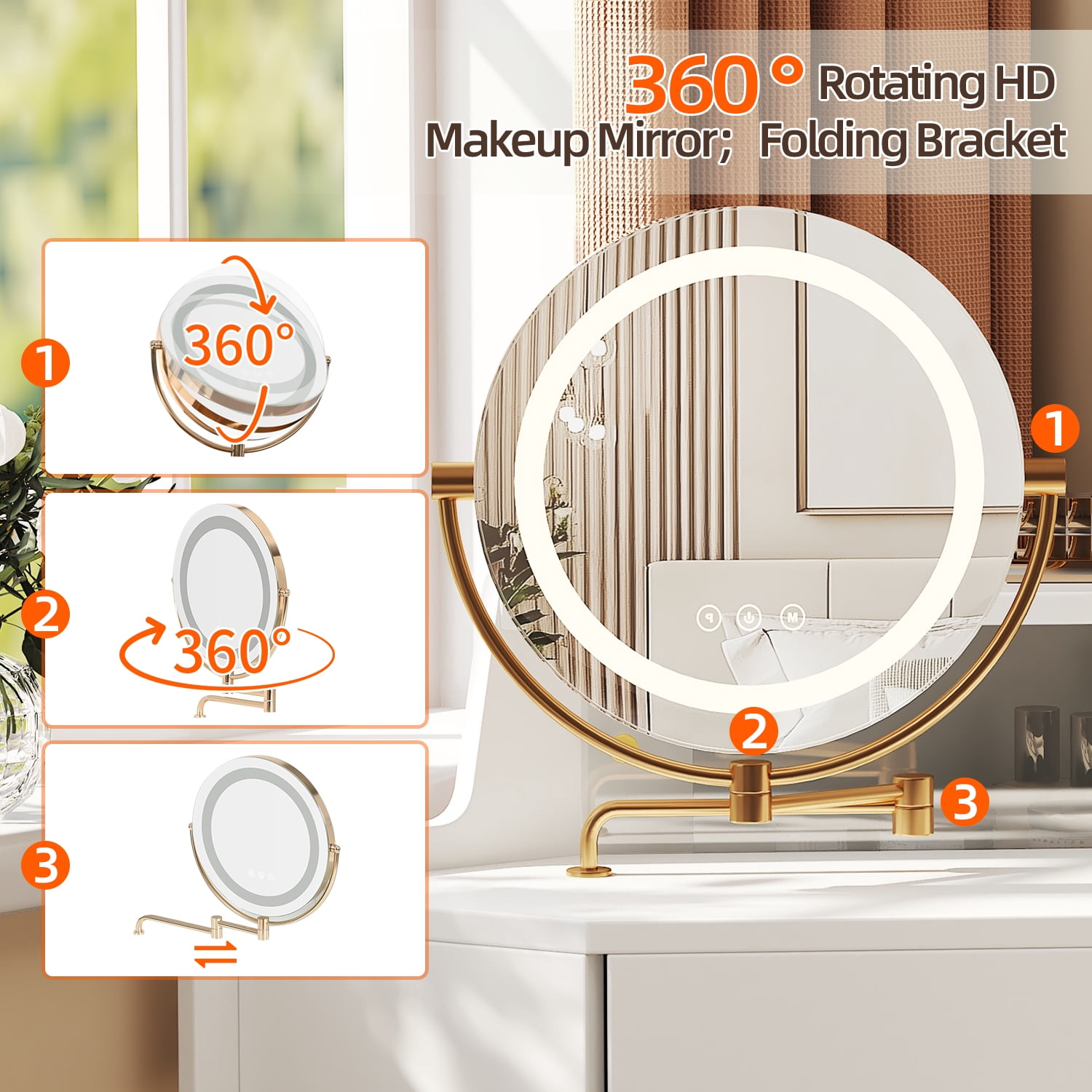 BaPiPro Corner Makeup Vanity Desk with LED Mirror & Stool, White Dressing Table with Large Storage, 3-Color Adjustable Lighting, Tri-Fold 360° Rotating Mirror, Modern Vanity Set