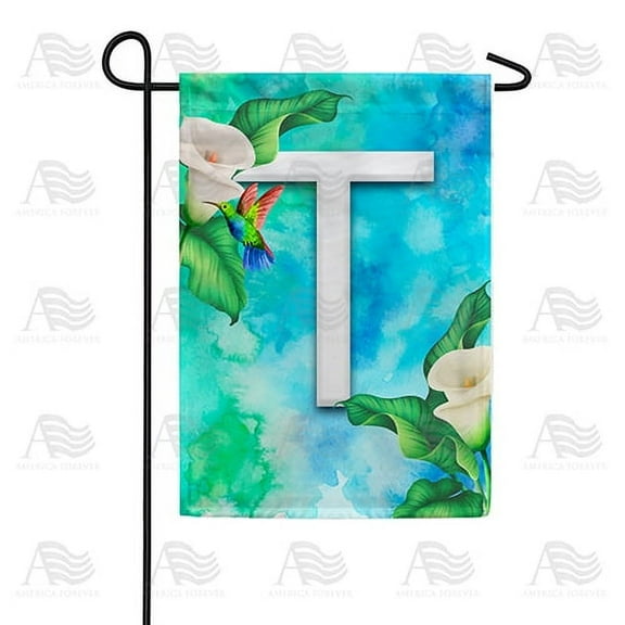 America Forever Summer Flowers Birds Monogram Garden Flag Letter T 12.5 x 18 inches Hummingbird Calla Lily Spring Floral Double Sided Vertical Outdoor Yard Lawn Decorative White Floral Garden Flag
