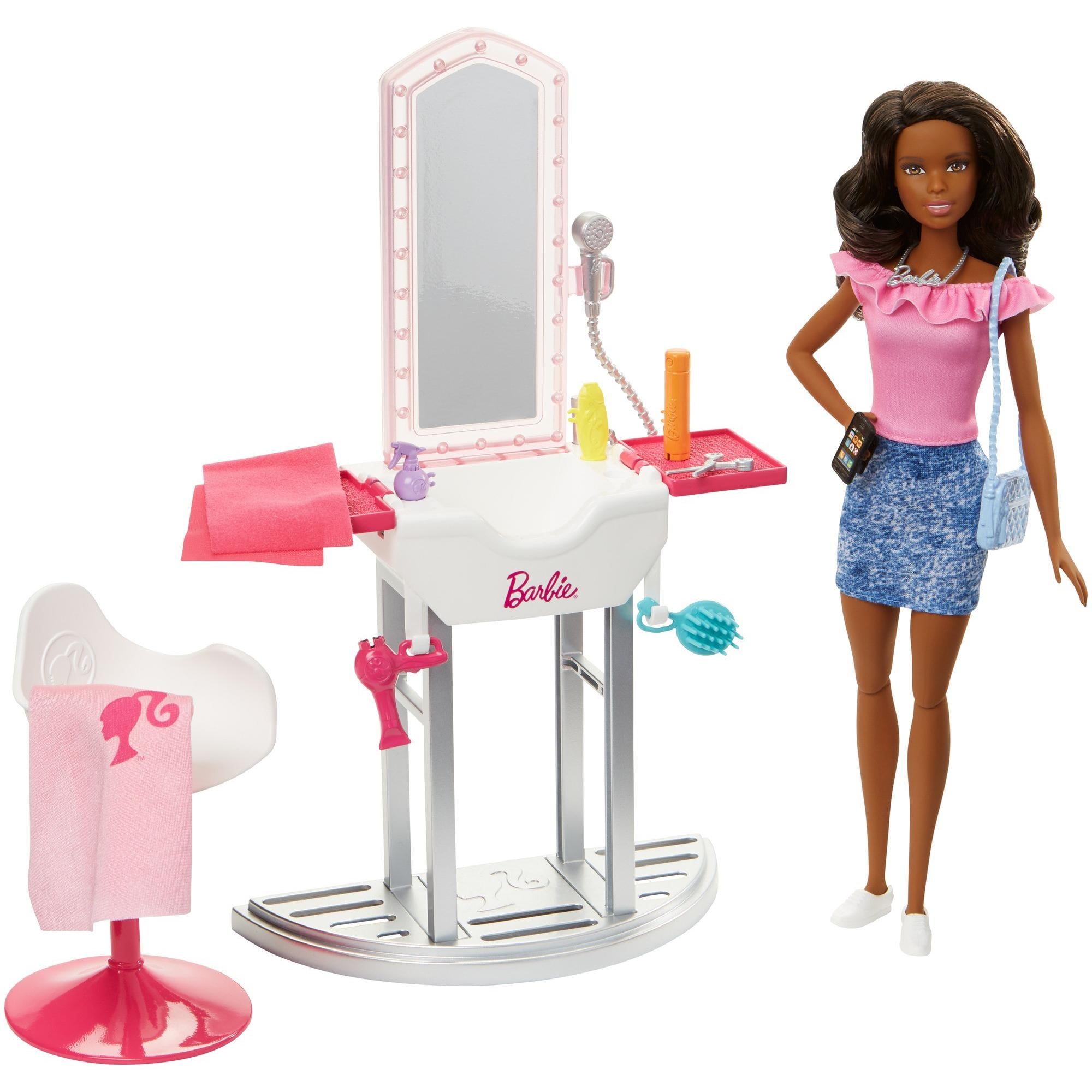 Barbie Salon Station Set with Doll & Accessories, Brunette Doll Furniture