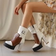 thumbnail image 2 of Womens Platform Mid Calf Leather Combat Boots Block High Heel Round Toe Waterproof Ankle Booties Lace Up Classic Motocycle Boots White Size 7, 2 of 6