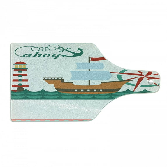 Ahoy Its a Boy Cutting Board, Sail Boat on Sea Waves Lighthouse and Compass Anchor Celebration, Decorative Tempered Glass Cutting and Serving Board, Wine Bottle Shape, Teal Brown Red, by Ambesonne