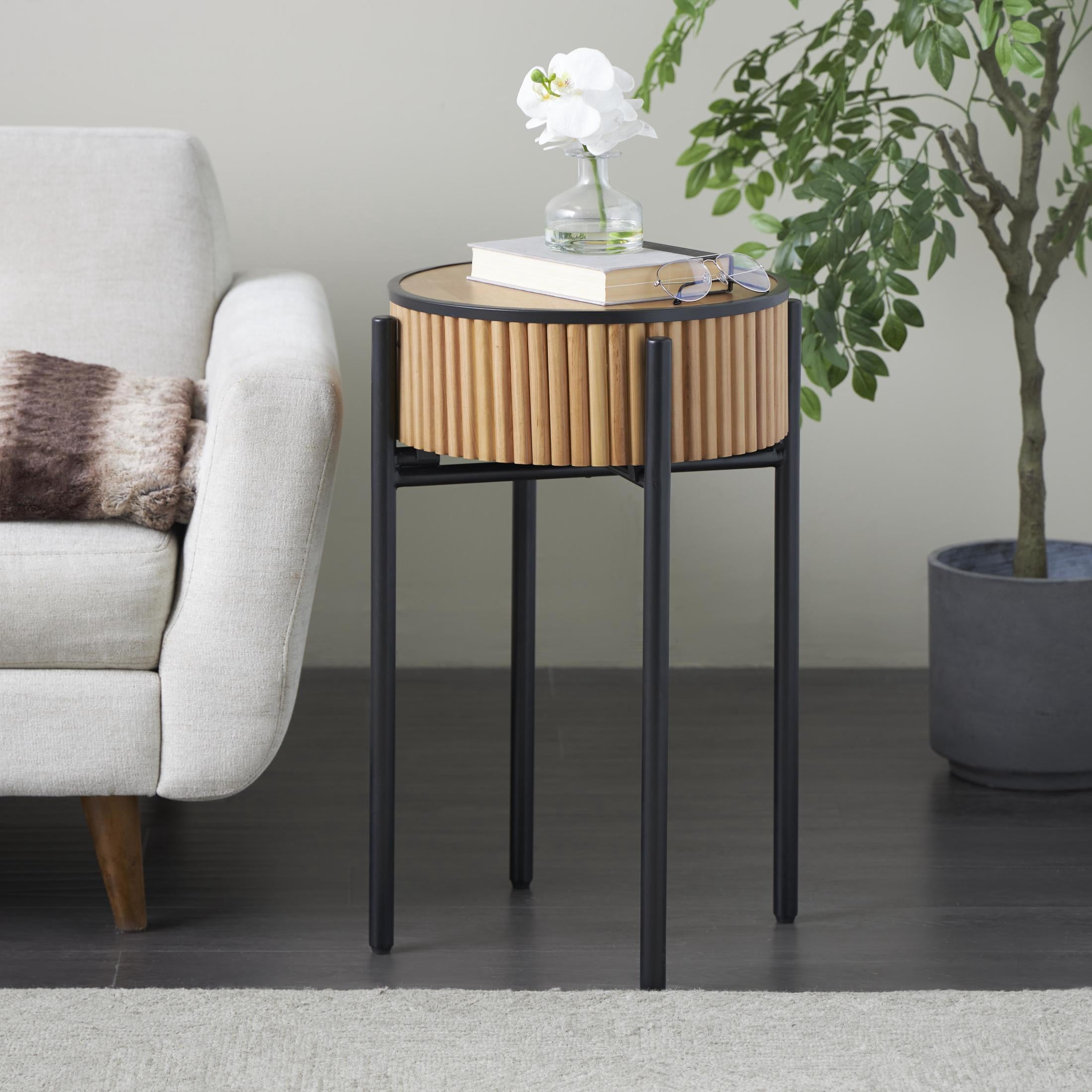 DecMode 18" x 27" Brown Wood Handmade Slatted Drum Accent Table with Black Metal Legs, 1-Piece