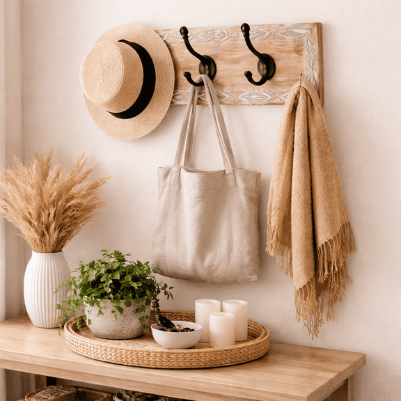Wooden Wall Hook with Aluminum Hooks, White Wash Mango Wood Wall Mounted Coat Rack, Rustic Farmhouse Key Holder for Entryway, Bathroom, Bedroom & Home Dcor