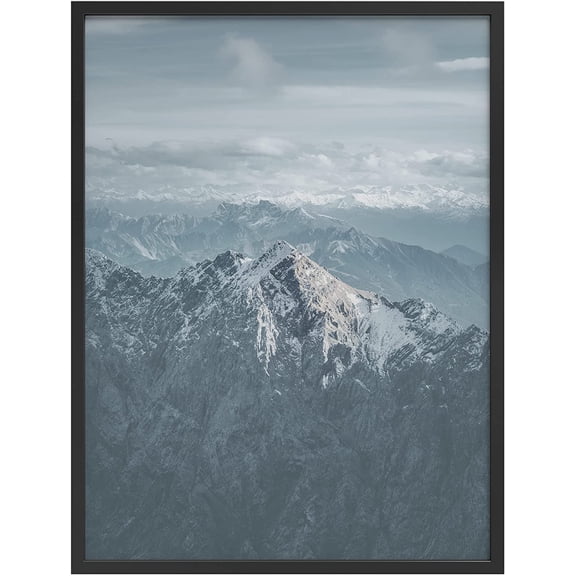 PixonSign Framed Wall Art Print Aerial View of Mountain and Forest Nature Wilderness Photography Realism Modern Landscape Relax/Calm Blue Duotone for Living Room, Bedroom, Office - 12"x16" BLACK
