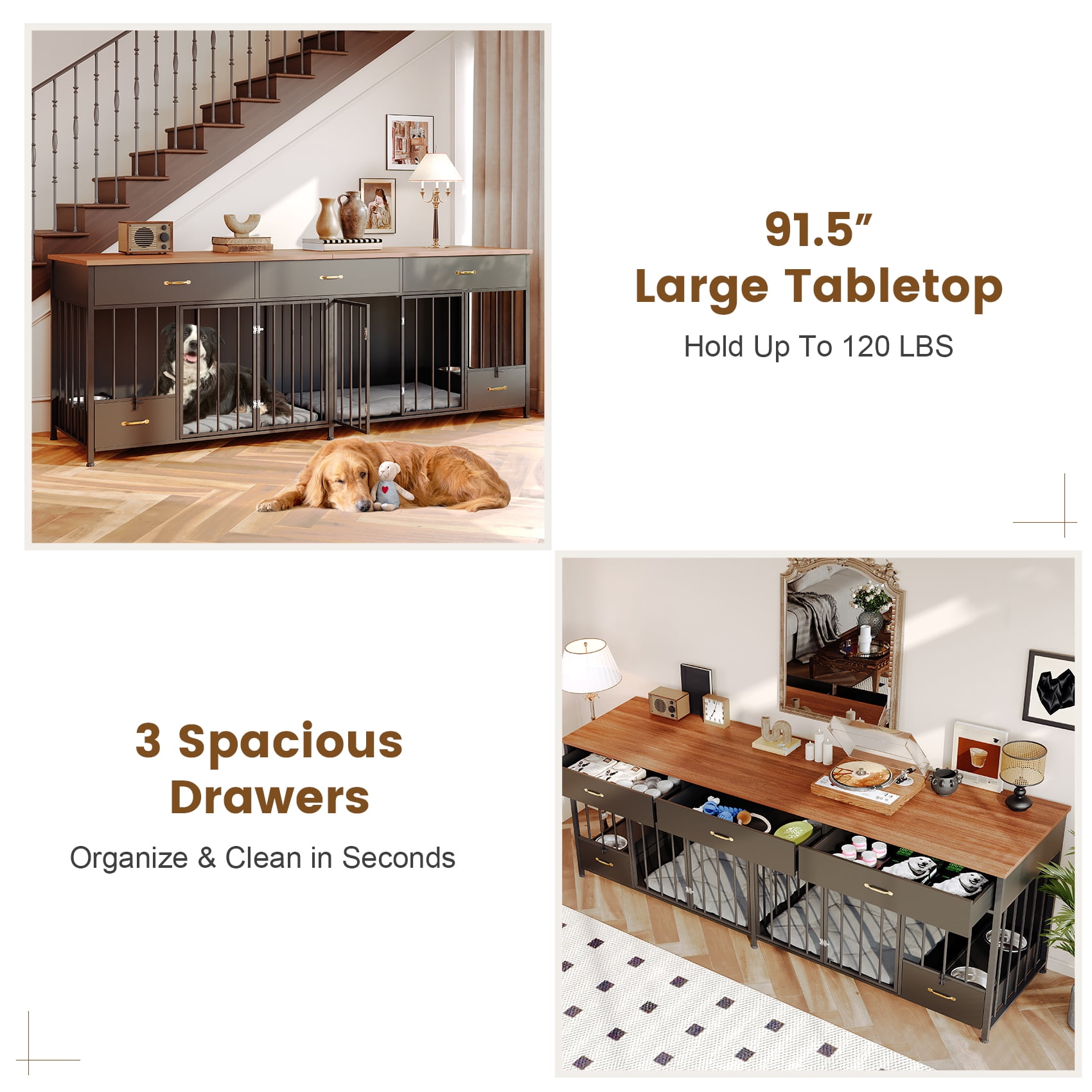 Mowpex Lockable 4-Door 91.5" Wooden Furniture Style Crate for Dogs