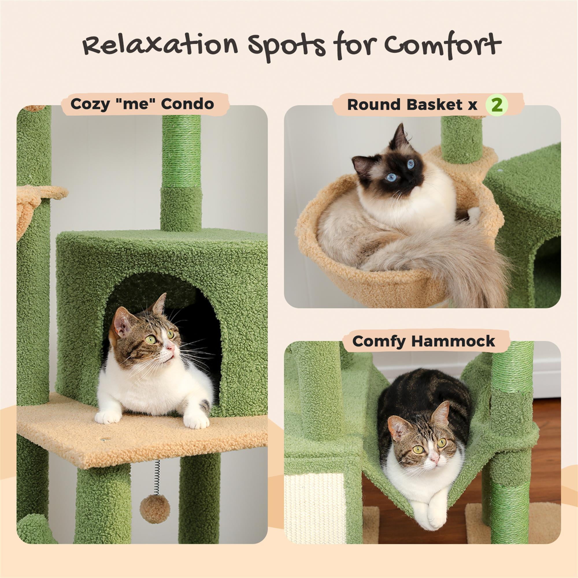 Kadyn Adjustable Height(85-112 in) Cat Tree Tower Floor to Ceiling with 7 Tiers Cat Climbing Activity Center, Cozy Hammocks, 5 Platforms for Indoor Cats, Green